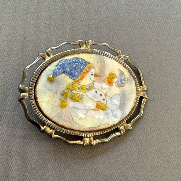 Vintage Jewelry - Vintage Snowman with blue hat brooch hand painted